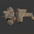 Rough Rock Scenery Construction With Stone Blocks Platform Metal Ladder And Wooden Sign
