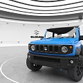 Blue Suzuki Jimny Compact SUV With Roof Rack And Black Wheels In Modern Indoor Showroom