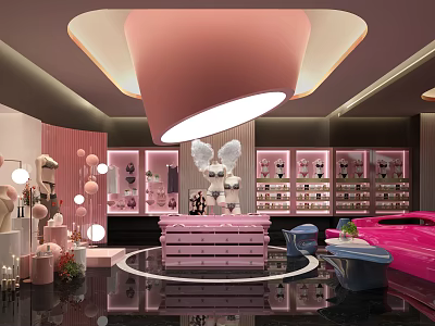 Luxury Pink Clothing Store Interior With Display Cabinets Lighting Sofa And Mannequins 3d model