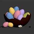 Colorful Easter Eggs Decorative Ornament Set With Bowl Scattered Outside White Flower And Small Debris
