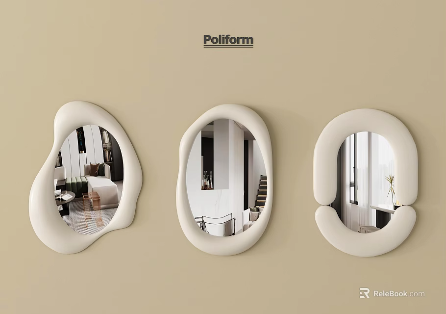 Poliform Three White Wall Mounted Mirrors With Different Shapes Modern Design 3d model 
