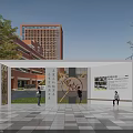 Modern Pergola Structure With Decorative Panels People And Green Trees Around Campus Buildings