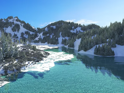 Snow Covered Mountain Scenery with Green Pine Trees Clear River Ice Floes and Blue Sky 3d model
