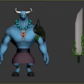 Game Character Blue Skinned Horned Figure Red Pendant Necklace Purple Skirt Large Sword Green Accents Design