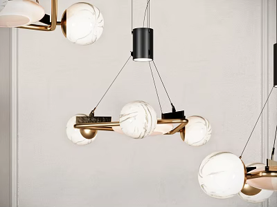 Modern Minimalist Chandelier With White Globe Lamps And Black Gold Metal Frame 3d model
