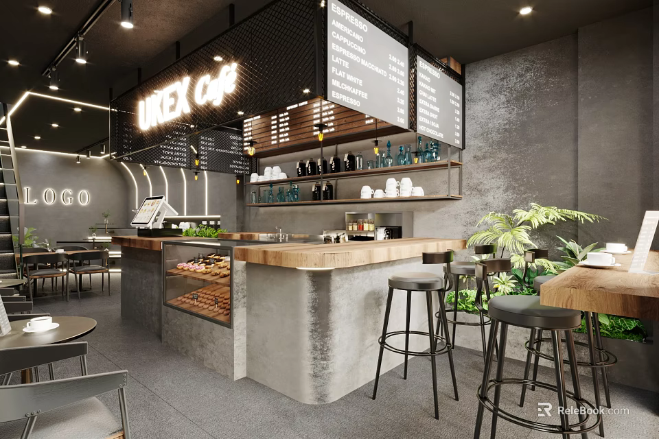 Modern Cafe Interior With Wooden Bar Counter Metal Stools Menu Boards And Green Plants 3d model 