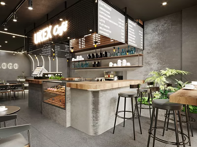Modern Cafe Interior With Wooden Bar Counter Metal Stools Menu Boards And Green Plants 3d model