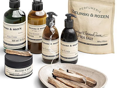 Bathroom Accessories With Bottles And Scented Wood Pieces 3d model