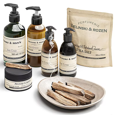 Bathroom Accessories With Bottles And Scented Wood Pieces 3d model