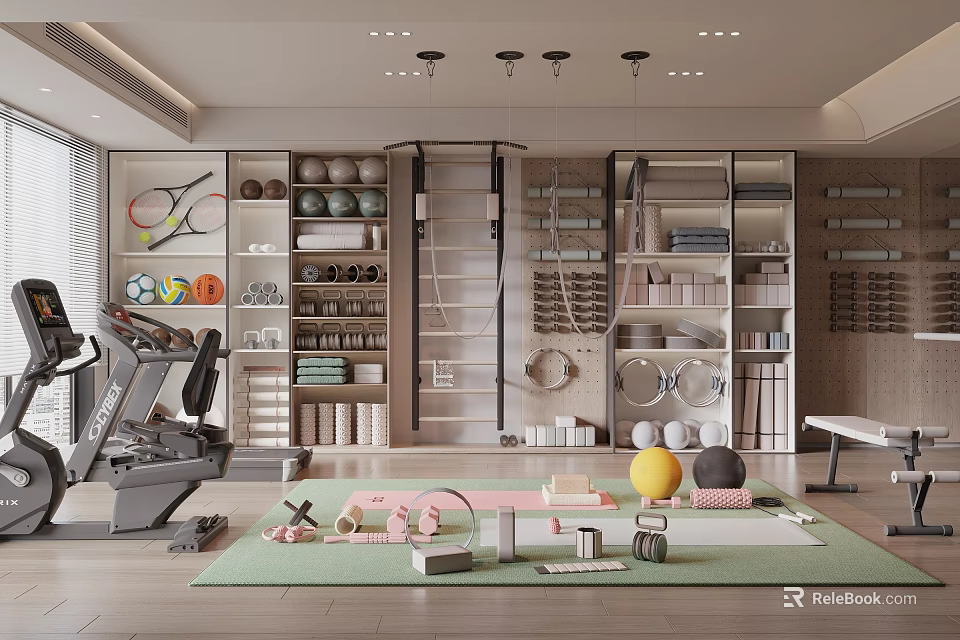 Home Gym Workout Space With Fitness Equipment Yoga Mat Exercise Balls Dumbbells And Storage Shelves 3d model 