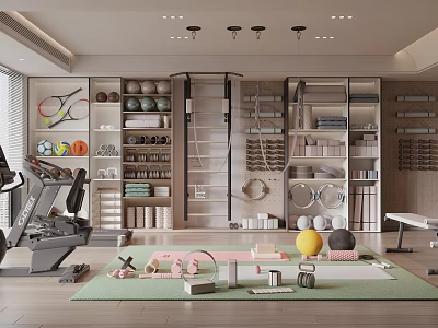 Home Gym Workout Space With Fitness Equipment Yoga Mat Exercise Balls Dumbbells And Storage Shelves 3d model