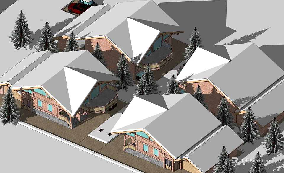 Rustic Wooden Cabins With Snow Covered Roofs And Surrounding Pine Trees 3d model 