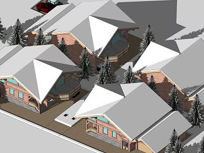 Rustic Wooden Cabins With Snow Covered Roofs And Surrounding Pine Trees 3d model