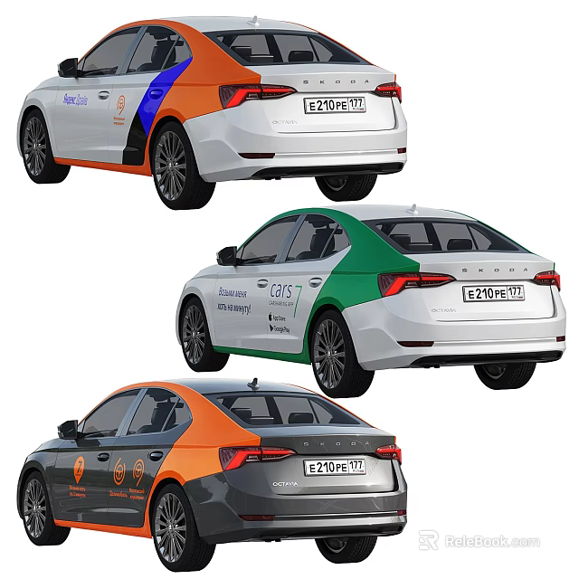 Modern Multi Colored Sedan Cars With Orange Blue Green Stripes And Brand Logos On Body 3d model 
