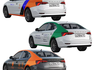 Modern Multi Colored Sedan Cars With Orange Blue Green Stripes And Brand Logos On Body 3d model