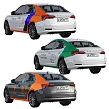 Modern Multi Colored Sedan Cars With Orange Blue Green Stripes And Brand Logos On Body