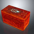 Red Carved Wooden Display Shelving Featuring Leaf Decoration and Ornate Design Details