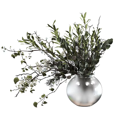 Decorative Silver Spherical Vase With Green Leaves Branches And White Flowers Arrangement 3d model
