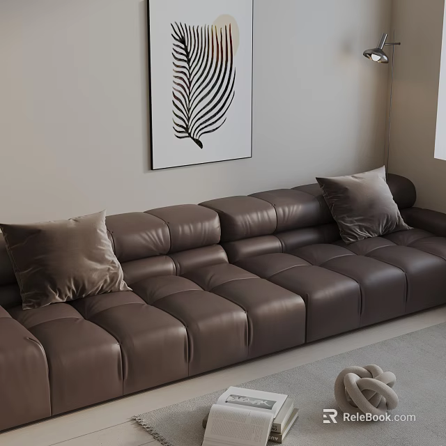 Brown Leather Three Seater Sofa With Plush Pillows And Minimalist Feather Wall Art 3d model 