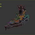 Detailed 3D Military Warship Model With Turrets Smokestack And Orange Accents