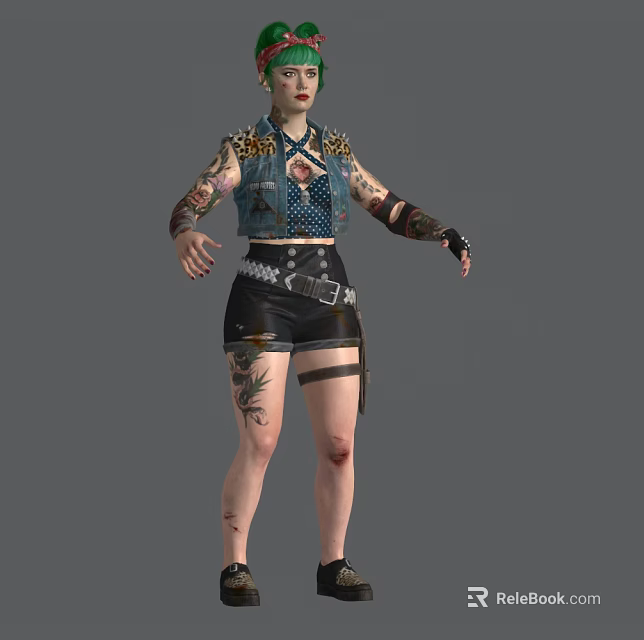 Woman With Full Body Tattoos In Studded Denim Vest And Black Leather Shorts Standing 3d model 