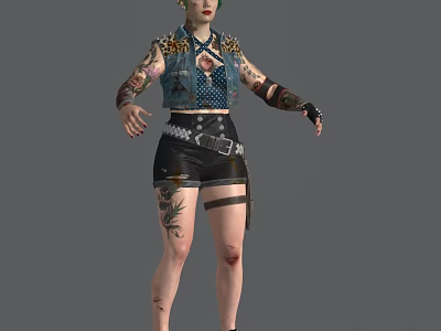 Woman With Full Body Tattoos In Studded Denim Vest And Black Leather Shorts Standing 3d model