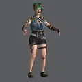 Woman With Full Body Tattoos In Studded Denim Vest And Black Leather Shorts Standing