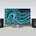 Modern Television with Blue White Swirl Screen on Stand and Black Speakers on Sides