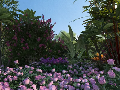 Beautiful Garden Landscape with Pink Roses Purple Bushes and Green Plants Under Blue Sky 3d model