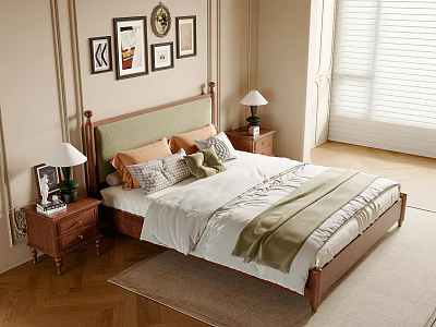 Classic Double Bed With Green Upholstered Headboard Wooden Frame Nightstands Table Lamps And Wall Art 3d model