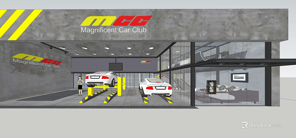 4S Car Service Center with Two White Cars on Yellow Lifts and Glass Walls 3d model 
