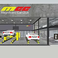 4S Car Service Center with Two White Cars on Yellow Lifts and Glass Walls