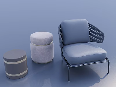 Modern Single Chair With Blue Upholstery And Woven Backrest Plus Side Stools 3d model