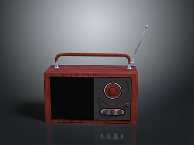 Vintage Electronic Radio With Wooden Case Red Handle And Silver Antenna 3d model