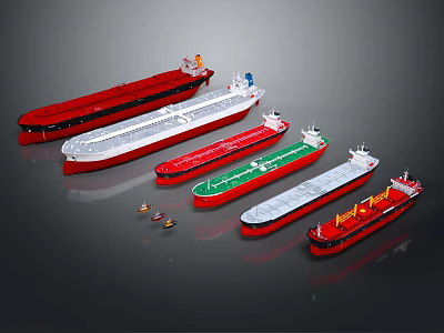 Various Types of Water Transportation Vessels in Red White and Green Colors Arranged Together 3d model