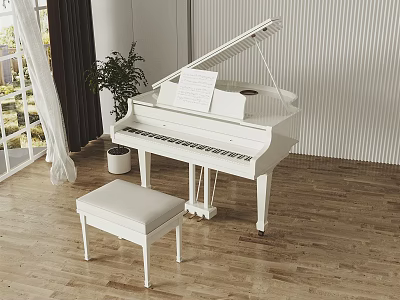White Grand Piano In Bright Room With Bench Music Sheet Plant And Wooden Floor 3d model