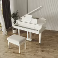 White Grand Piano In Bright Room With Bench Music Sheet Plant And Wooden Floor