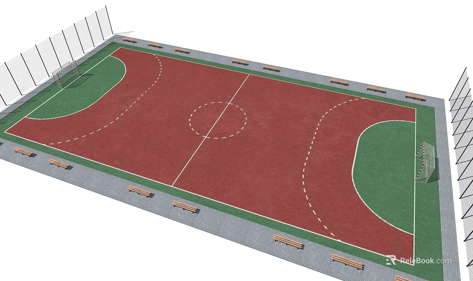 Outdoor Basketball Gym With Red Green Court Surface Marked Lines Benches And Fencing 3d model 