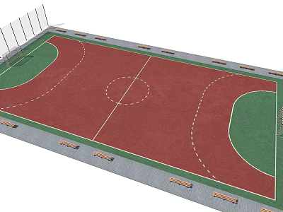 Outdoor Basketball Gym With Red Green Court Surface Marked Lines Benches And Fencing 3d model