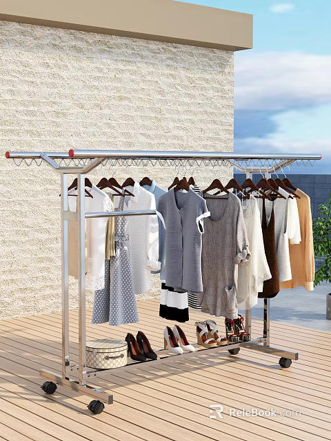 Metal Garment Rack With Various Clothes Shirts Dresses On Outdoor Wooden Floor 3d model 