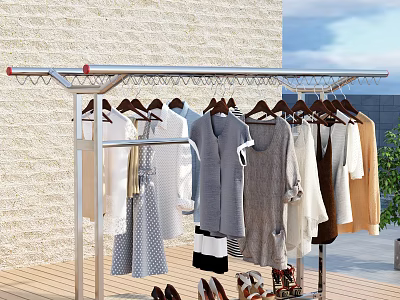 Metal Garment Rack With Various Clothes Shirts Dresses On Outdoor Wooden Floor 3d model