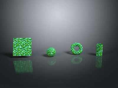 Green Textured Geometric Shapes Arrangement With Square Sphere Ring And Cylinder on Reflective Dark Surface 3d model