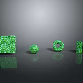 Green Textured Geometric Shapes Arrangement With Square Sphere Ring And Cylinder on Reflective Dark Surface
