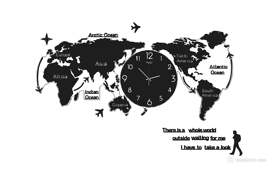 World Map Clock For Global Time Travel With Airplane Continents And Oceans 3d model 