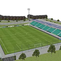 Modern Football Stadium with Green Stands Green Pitch Solar Panels Trees and Surrounding Buildings