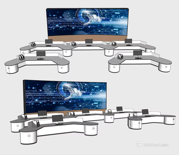 Modern Office Workspace With Console Desks Multiple Monitors Computers And Office Appliances 3d model 