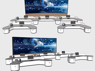 Modern Office Workspace With Console Desks Multiple Monitors Computers And Office Appliances 3d model