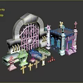 Enchanting Fantasy Landscape With Blue Architectural Arches Iron Gates Wooden Boats And Candles