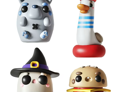 Adorable Stuffed Toys Collection Gray Spotted Duck With Striped Hat Witch Hat And Burger Shape 3d model