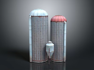 Agricultural Storage Silos With Light Blue Red Roofs And Small White Silo Structure 3d model